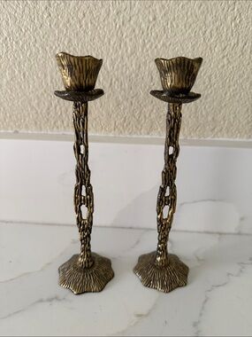 Mid Century Hein Ami Israeli Brutalist Brass Candlesticks Set of 2